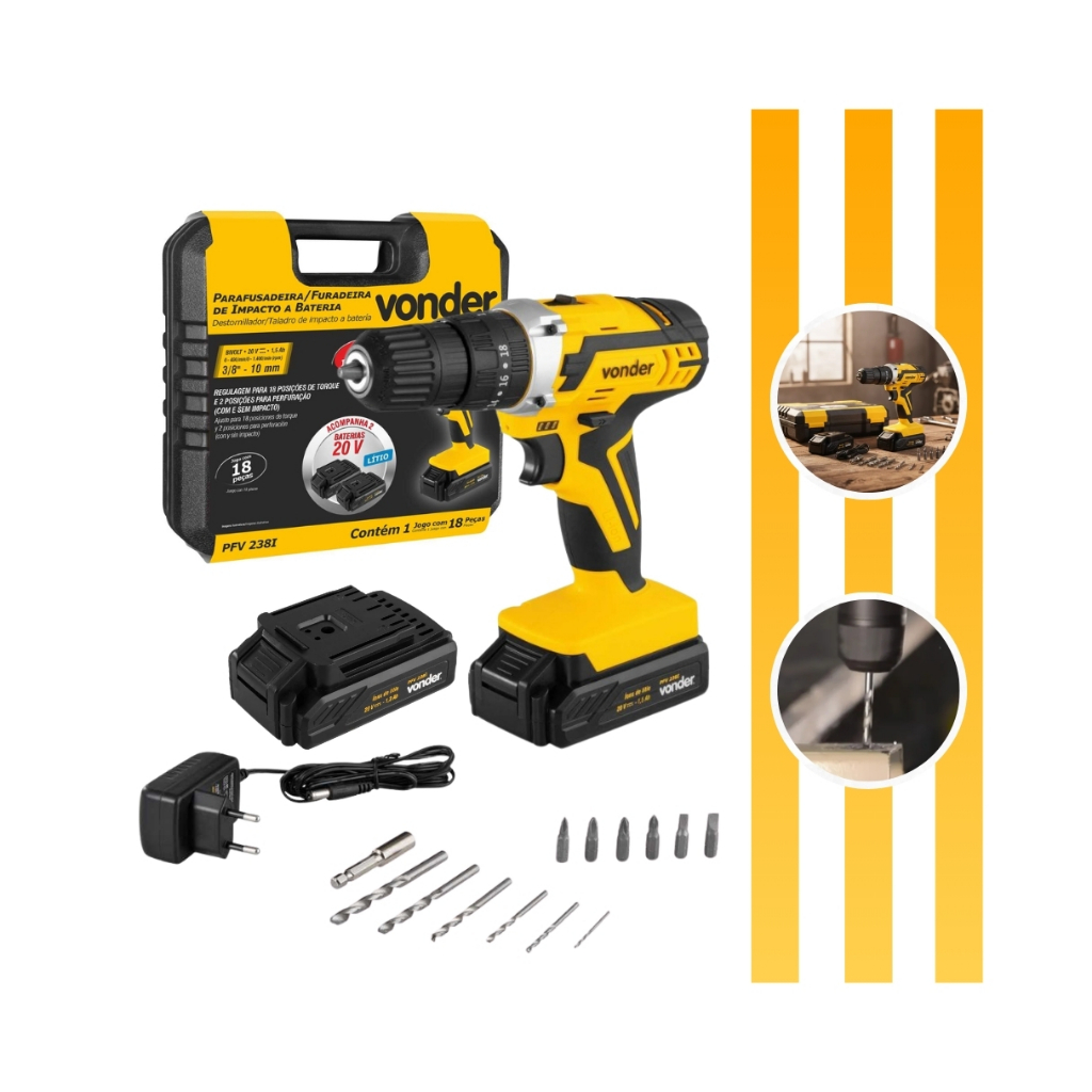 Parafusadeira Furadeira Impacto PFV238I Kit + 2 Baterias 1,5ah + 1 Carregador Bivolt + Maleta Vonder