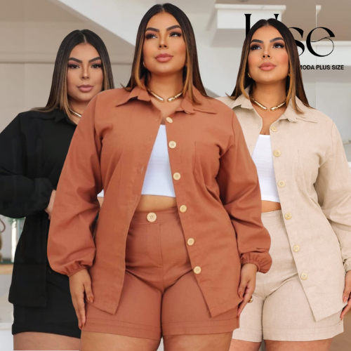Conjunto Feminino Plus Size em Linho Manga Longa Short com Camisa Modelagem Elegante e Confortável