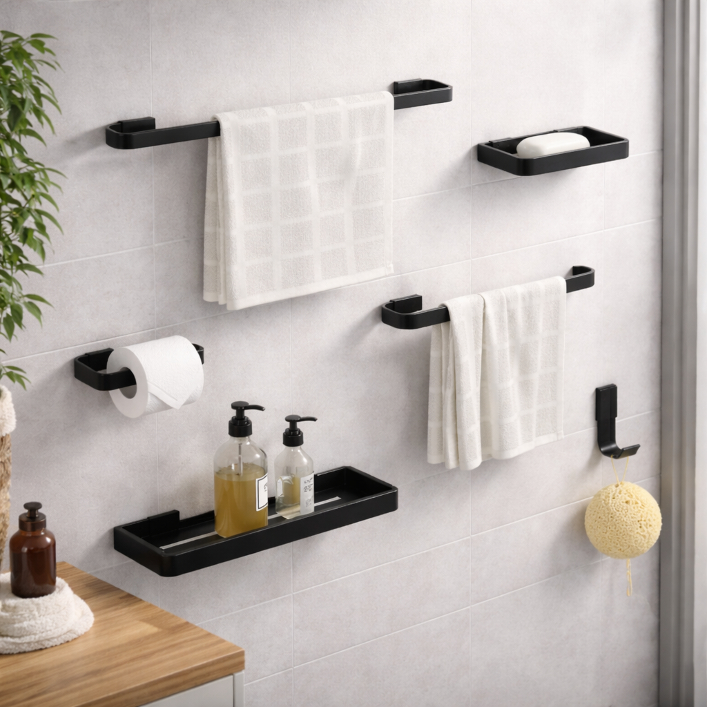 Kit Suporte Acessórios Banheiro 6 Peças Preto Fosco Luxo