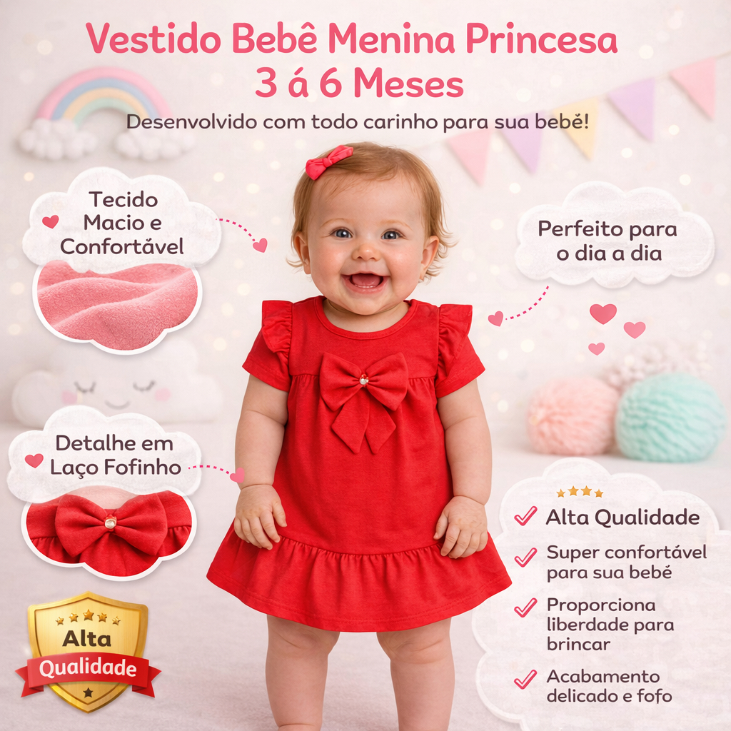 Vestido Bebê Menina Princesa 3 a 6 Meses Conforto e Delicadeza Look Delicado Dia a Dia