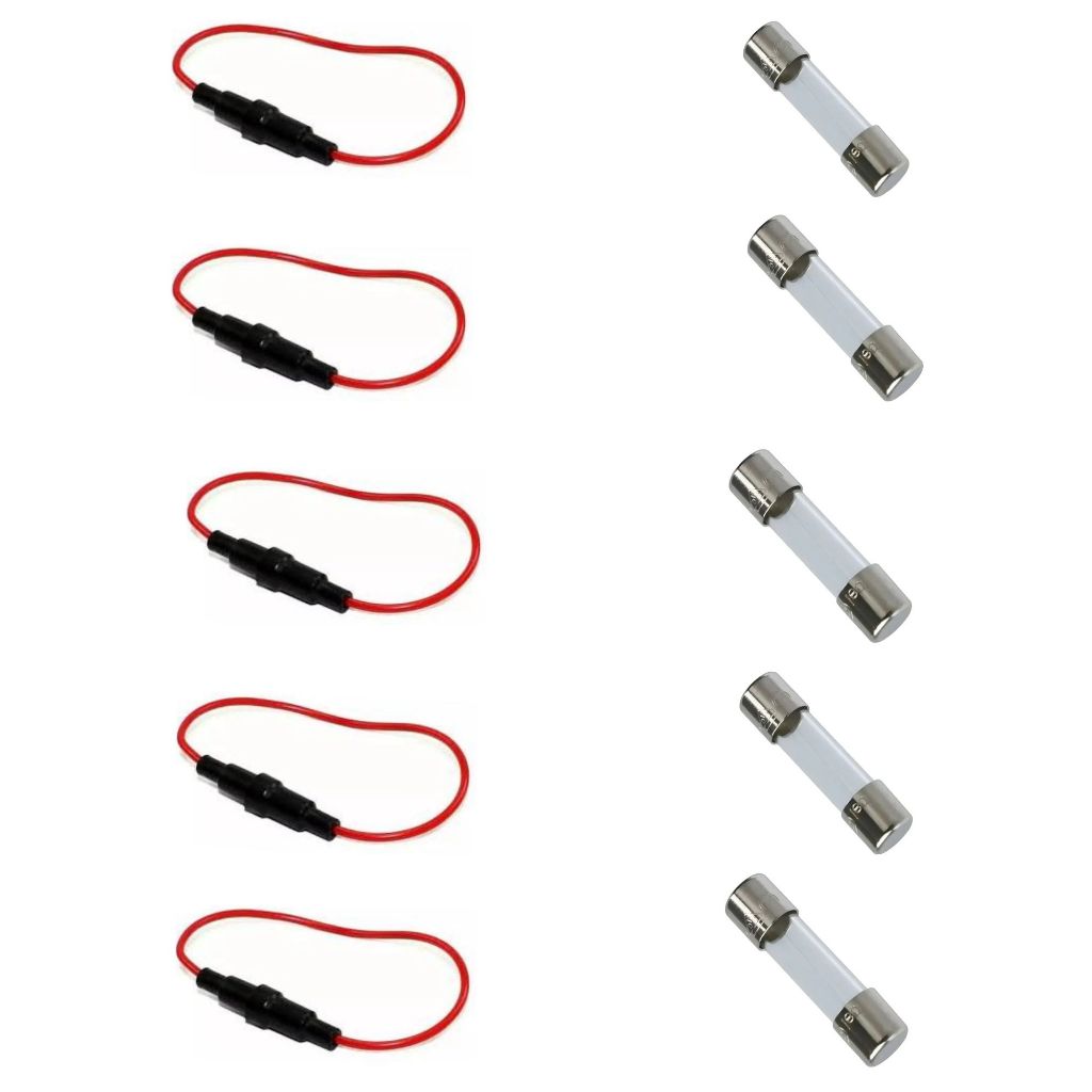 Kit com 5 Porta Fusível com Rabicho + 5 Fusíveis de Vidro 2A 5x20