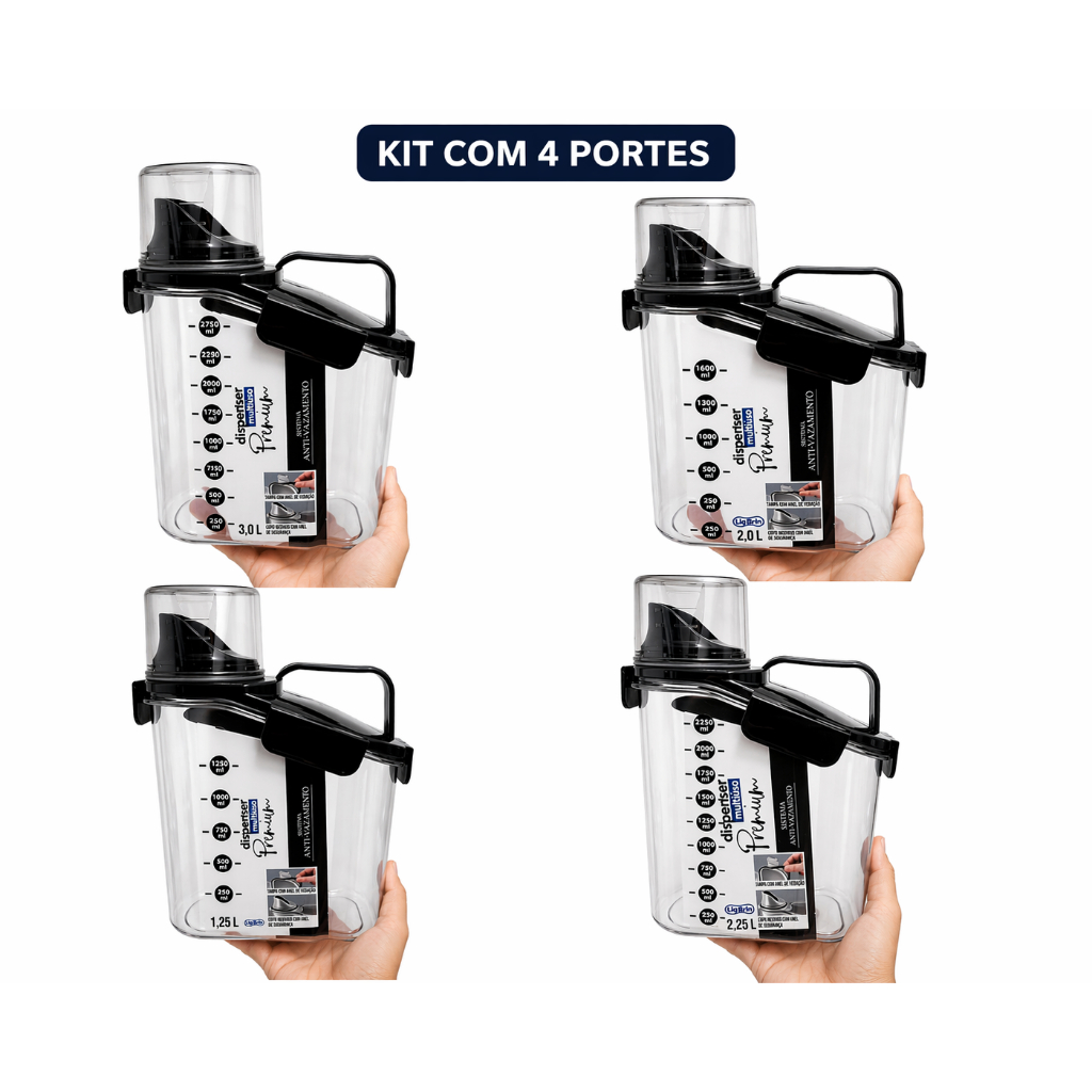 kit c/4 potes dispenser  hermeticos 3l, 2,25l, 2l 1,25l com sistema anti vazamento