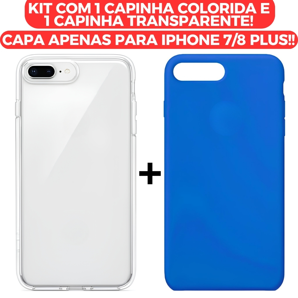 Kit 2 Capinhas de Iphone 7 Plus ou 8 Plus Colorida e Transparente Fechada nas Laterais Case Aveludada e Silicone