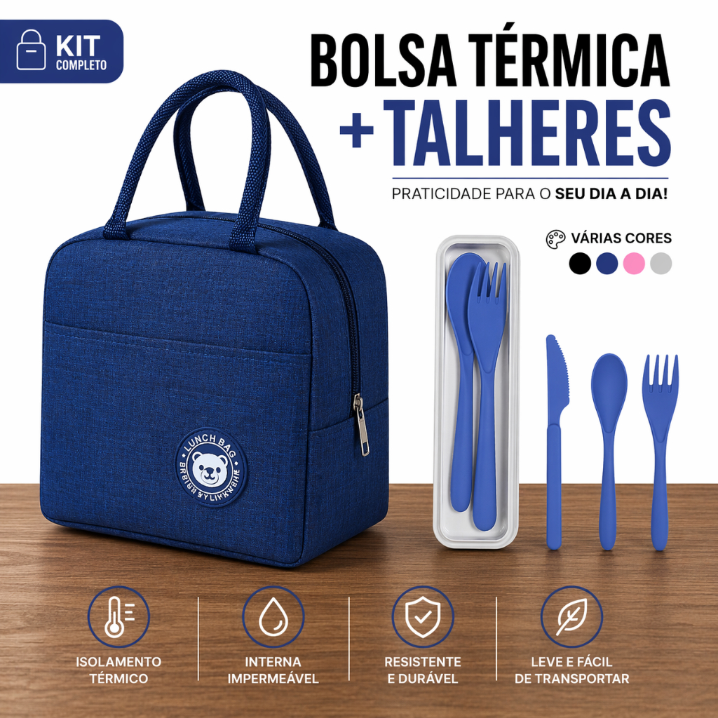 Kit Bolsa Térmica Para Marmita Lancheira Com Alça + Estojo Porta Talher Masculina Feminina em Oferta na Shopee