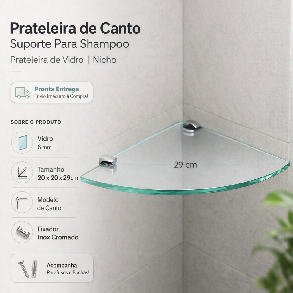 Prateleira de Canto em Vidro 6mm com Suporte em Inox Cromado Moderna e Resistente