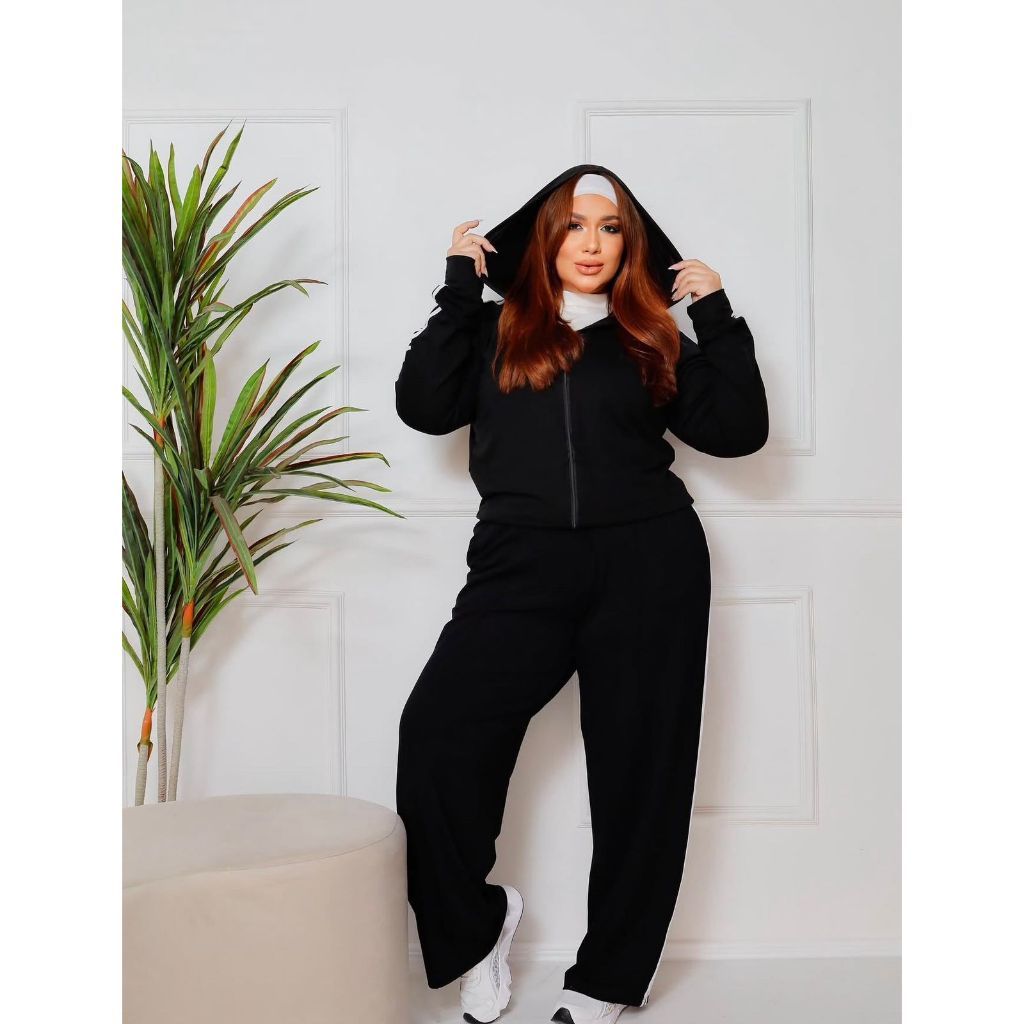 Conjunto Moletinho Plus Size Feminino com Zíper e Capuz Calça com Lastex Cintura Alta Modelagem Soltinha Confortável