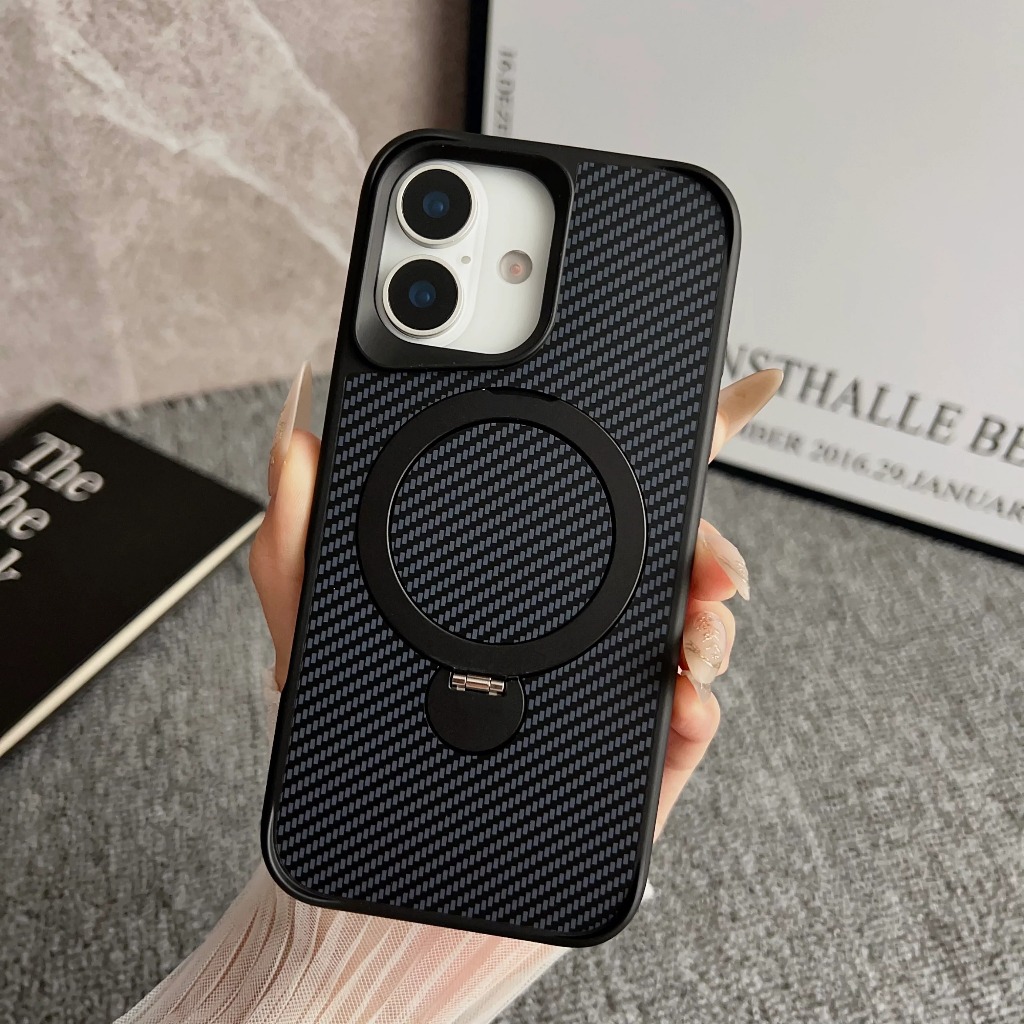 Capa Magnética com Suporte Anel 360° Textura Fibra de Carbono MagSafe Para Todos Modelo de iPhone