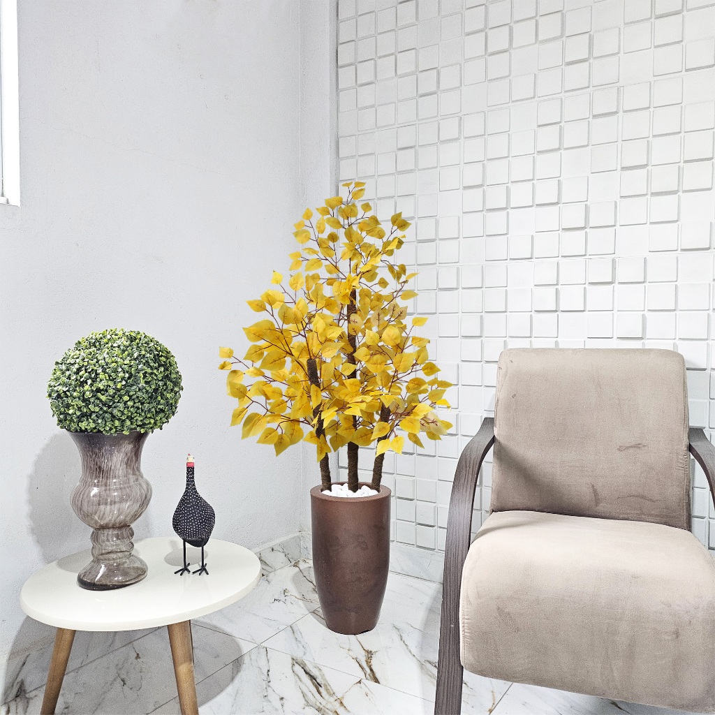Planta Artificial Fícus Amarelo Vaso Cone Mármore Pedra
