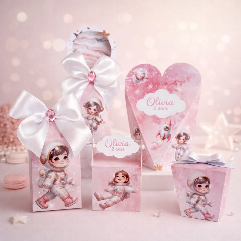 Kit Caixas Personalizada Astronauta rosa / Astronauta menina /Lembrancinha de Festa /Aniversário