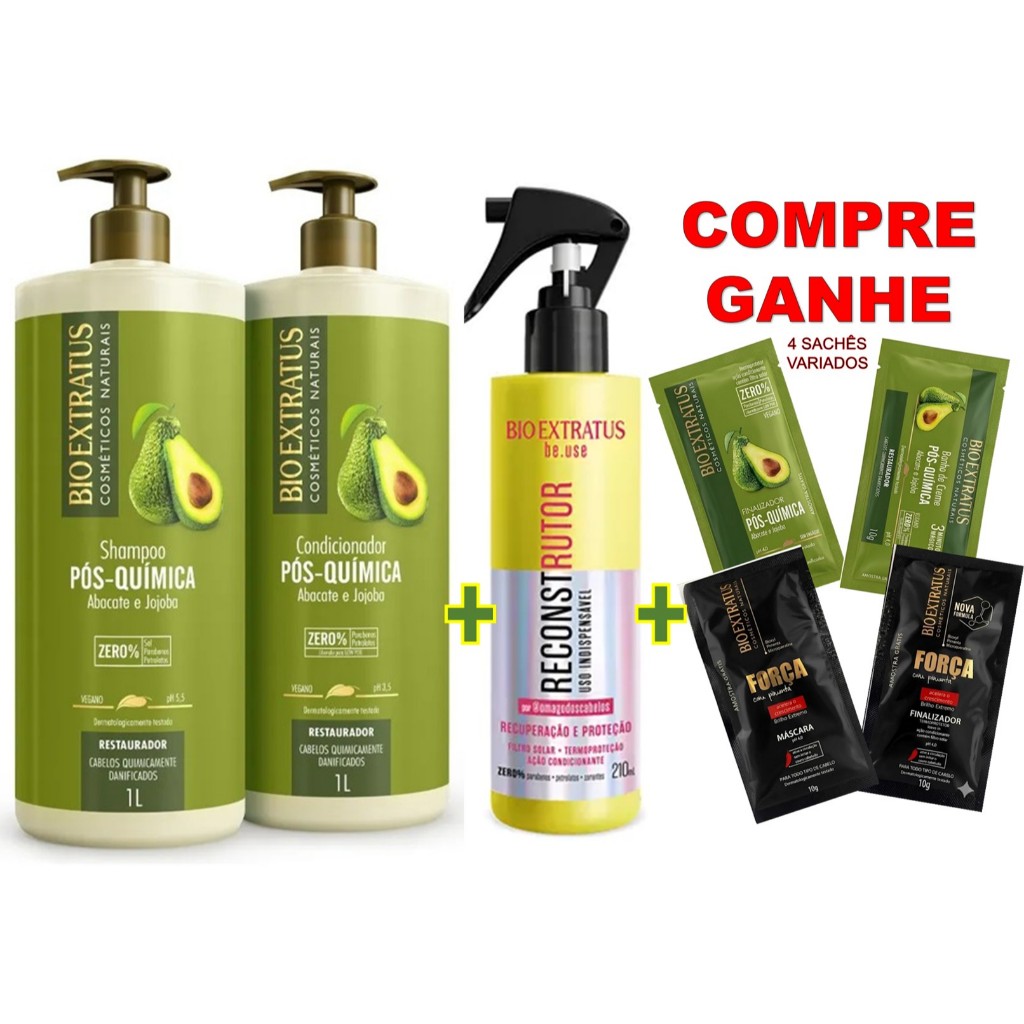 kIT 2 LITROS BIO EXTRATUS PÓS QUÍMICA SH 1L+COND 1L+ BE.USE RECONSTRUTOR + 🎁BRINDE 4 SACHÊS VARIADOS🎁 em Oferta na Shopee