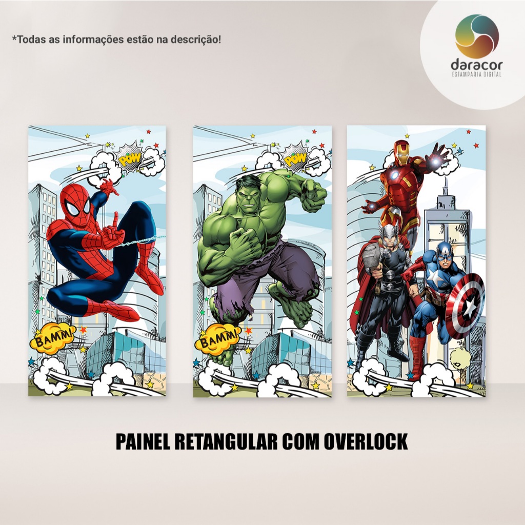 3 Capas de Painéis Verticais Heróis Comics Face Única Retangular c/ Overlock e Romano c/ elástico Tam Diversos - R02