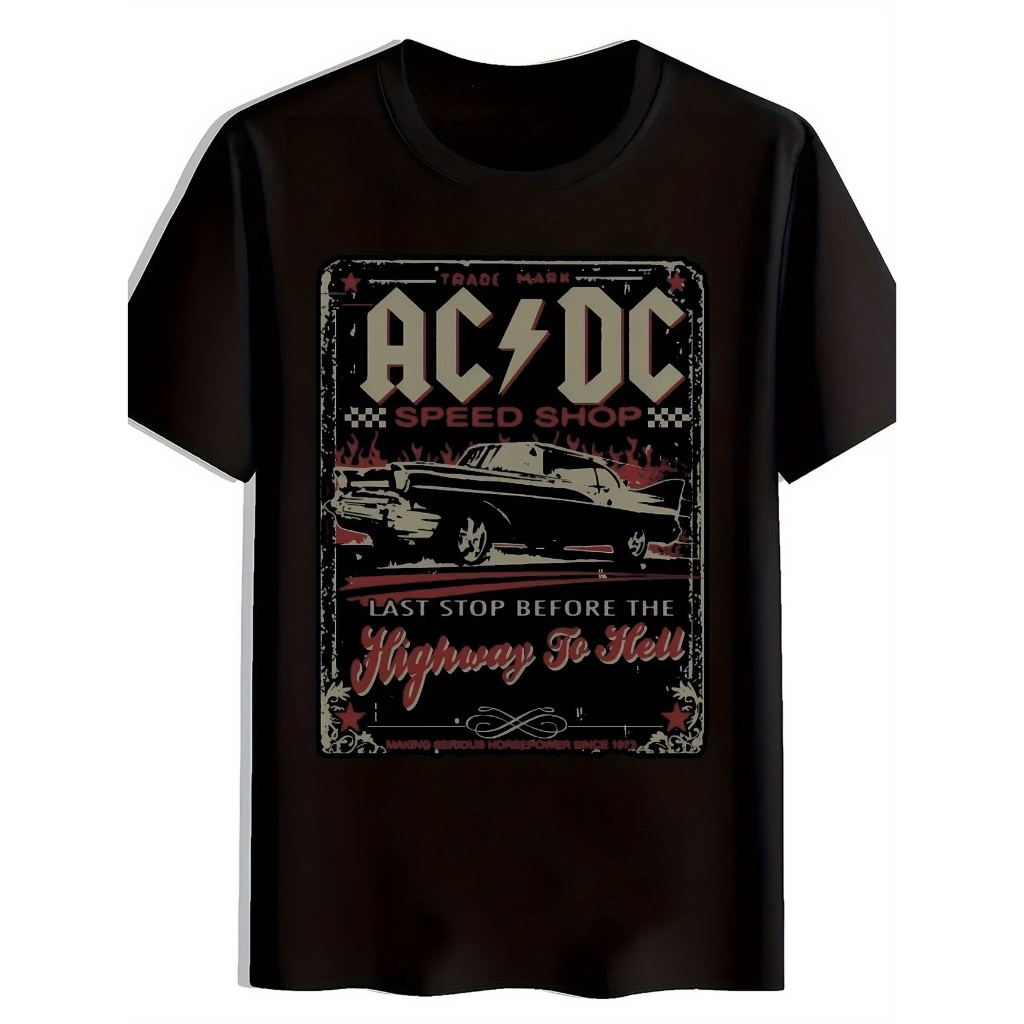 Camiseta preta AC DC Speed Shop algodão premium estampa carro vintage chamas Highway To Hell rock clássico retrô