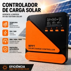 Controlador Solar MPPT 12V/24V 40A 60A com Tela LCD USB Duplo para Bateria Lítio e Chumbo sem Plug
