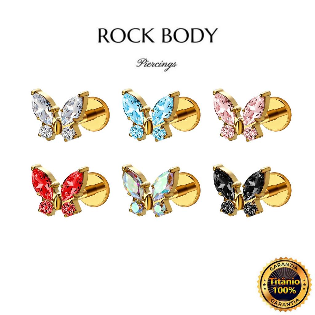 Piercing Labret TitâNio Borboleta com Zircônia