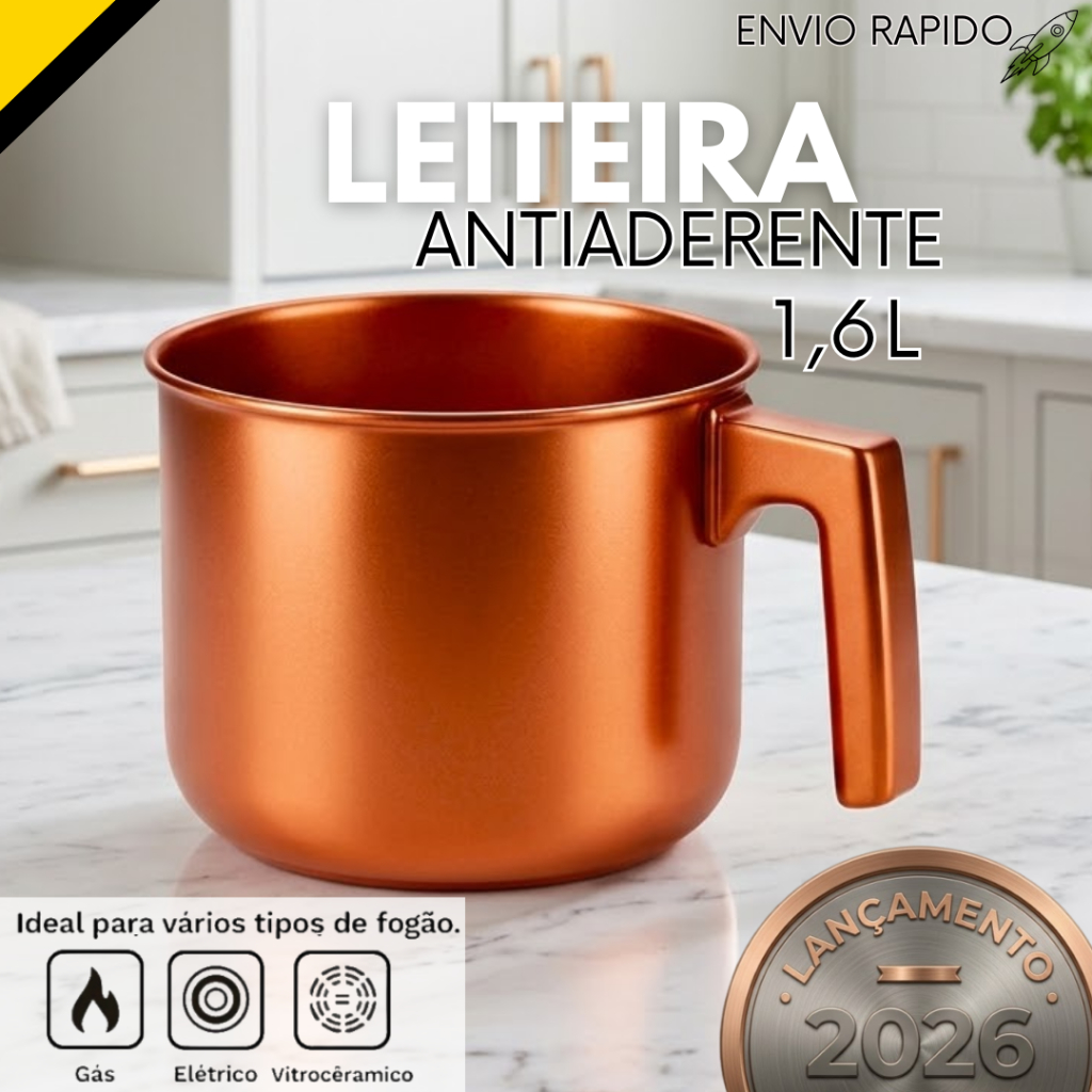 Kit 1 ou 2 un - Leiteira Canecão Antiaderente Cobre 1,6 Litros Cerâmica Premium Fogão Eletrico Gás