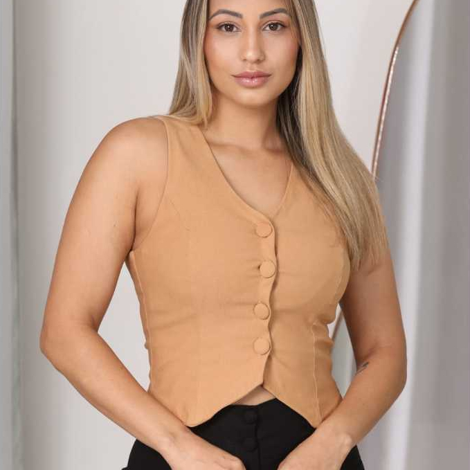 Colete Feminino estilo Alfaiataria com elastano Feminino de Botões Tendência Blogueira Blusa en v de bengaline