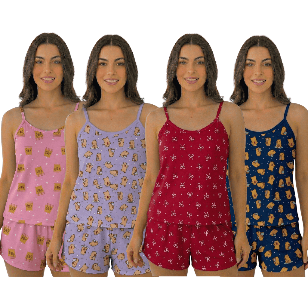 Kit com 3 Pijama Feminino de Alcinha Malha/ Kit 3 Baby Doll Feminino Estampado