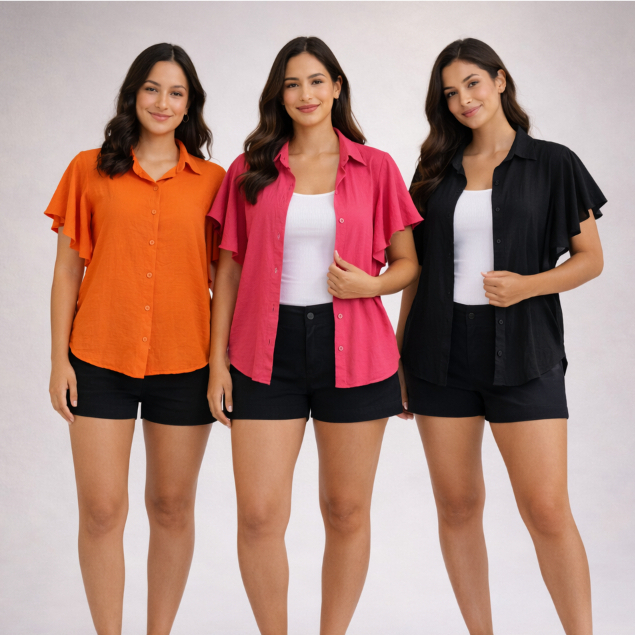Blusa Feminina Manga Babado Sofia Fio Cabana Colarinho Camisa Botões Elegante Fluida Trabalho Moda
