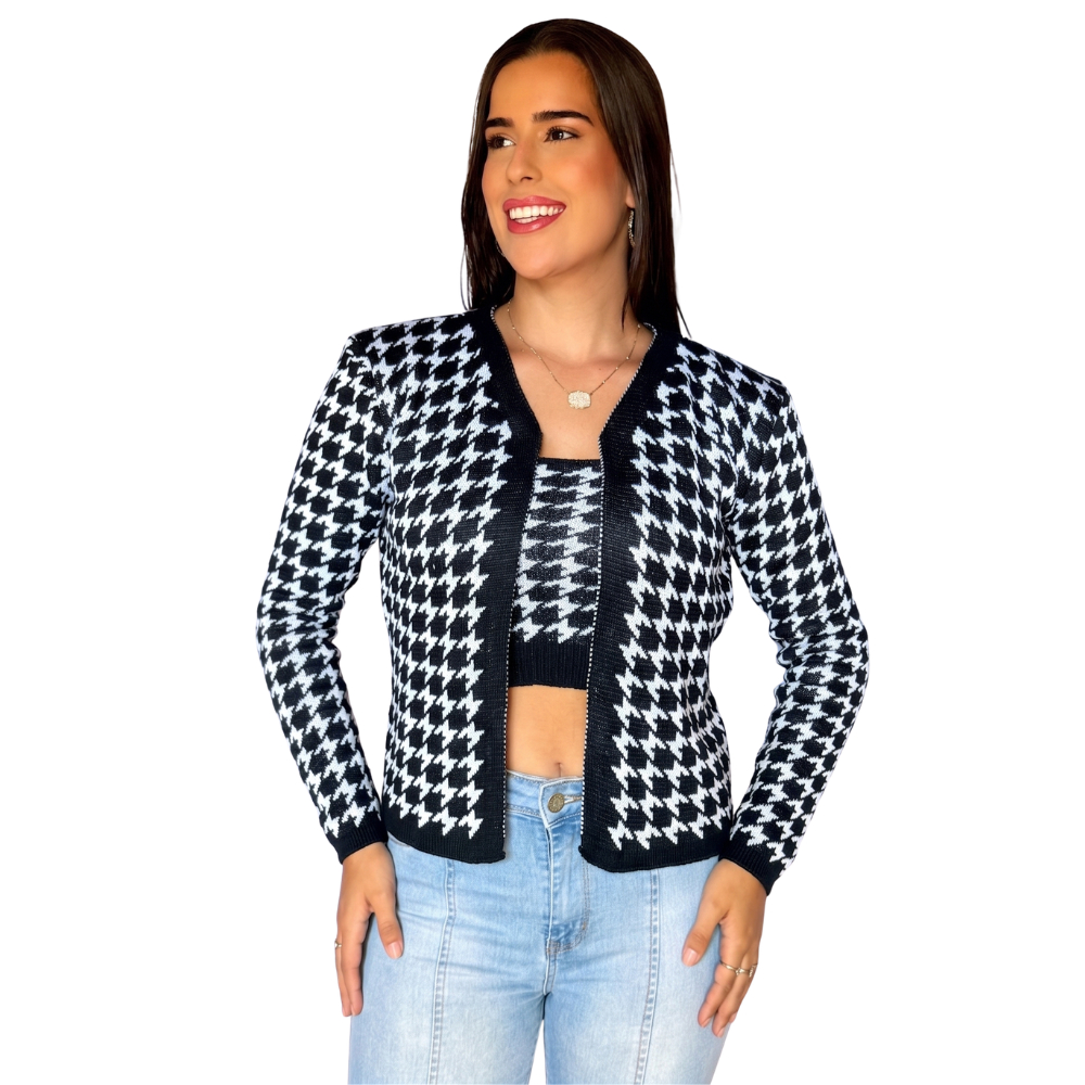 Conjunto Feminino Tricot  Pied Poule Casaco Manga Longa + Top Moda Elegante