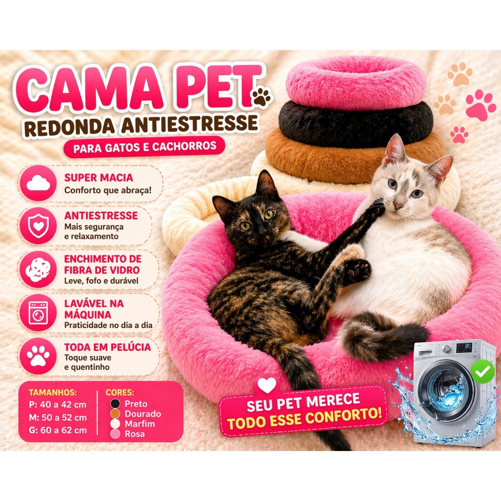 Cama Pet Redonda Antiestresse em Pelúcia Nuvem para Gatos e Cachorros –  P, M, G