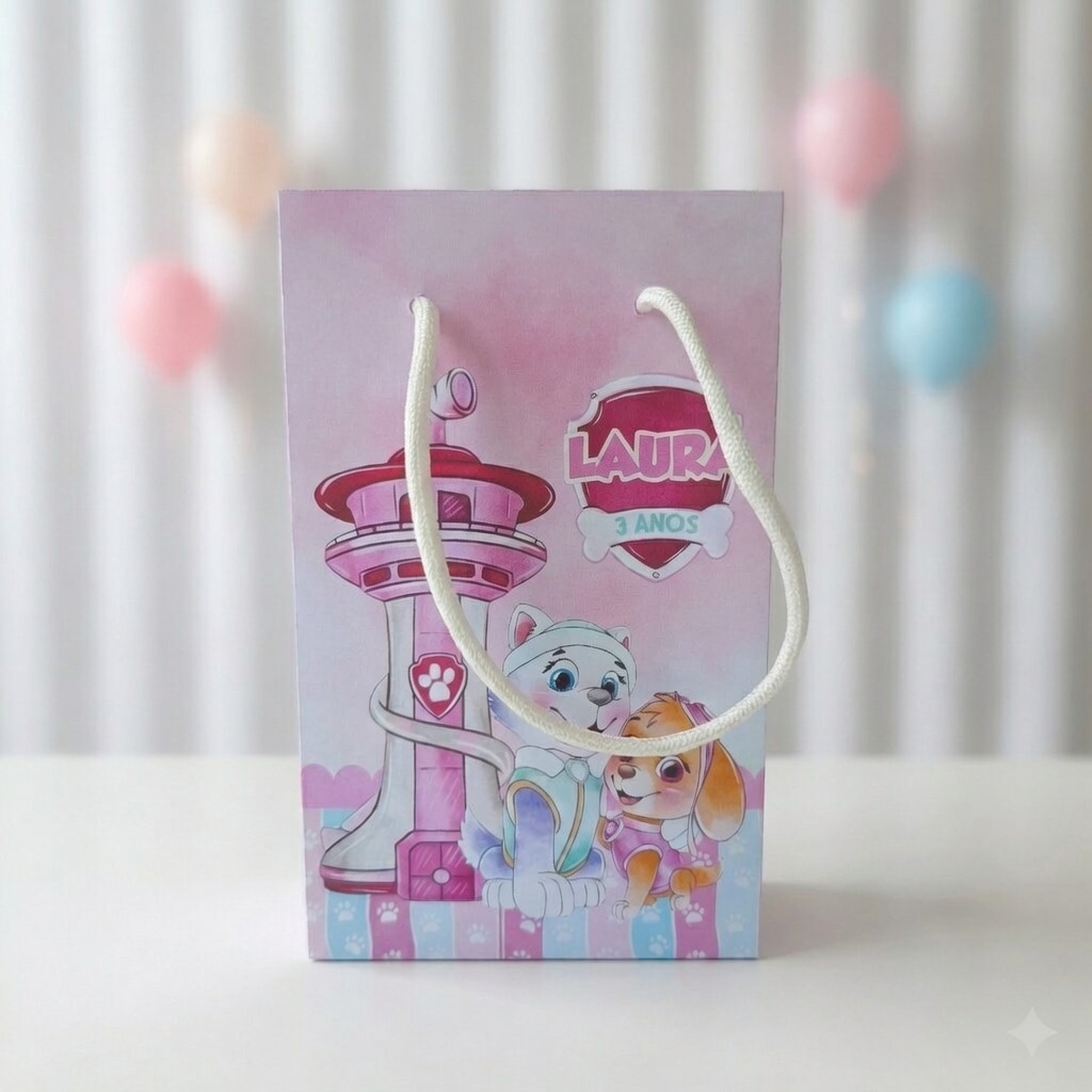 SACOLINHA PATRULHA CANINA SKYE E EVEREST AQUARELA ROSA PERSONALIZADA/LEMBRANCINHA DE ANIVERSÁRIO