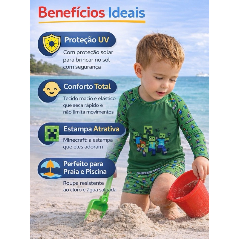 Conjunto Infantil Praia Menino UV50+ Camisa Manga Longa + Sunga Proteção Solar Conforto — imagem 2 de 2