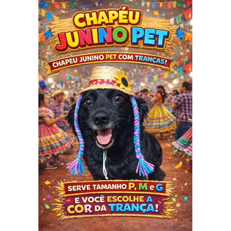 Chapéu Junino Pet Macho e Fêmea com Tranças Ajustável Tamanho Único P M G Festa Junina Pet Luxo
