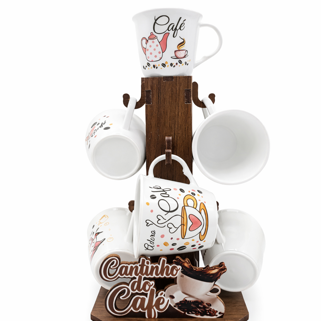 Kit 6 Canecas Acrílico Cantinho do Café com Suporte Madeira Porta Xícaras Decorativo
