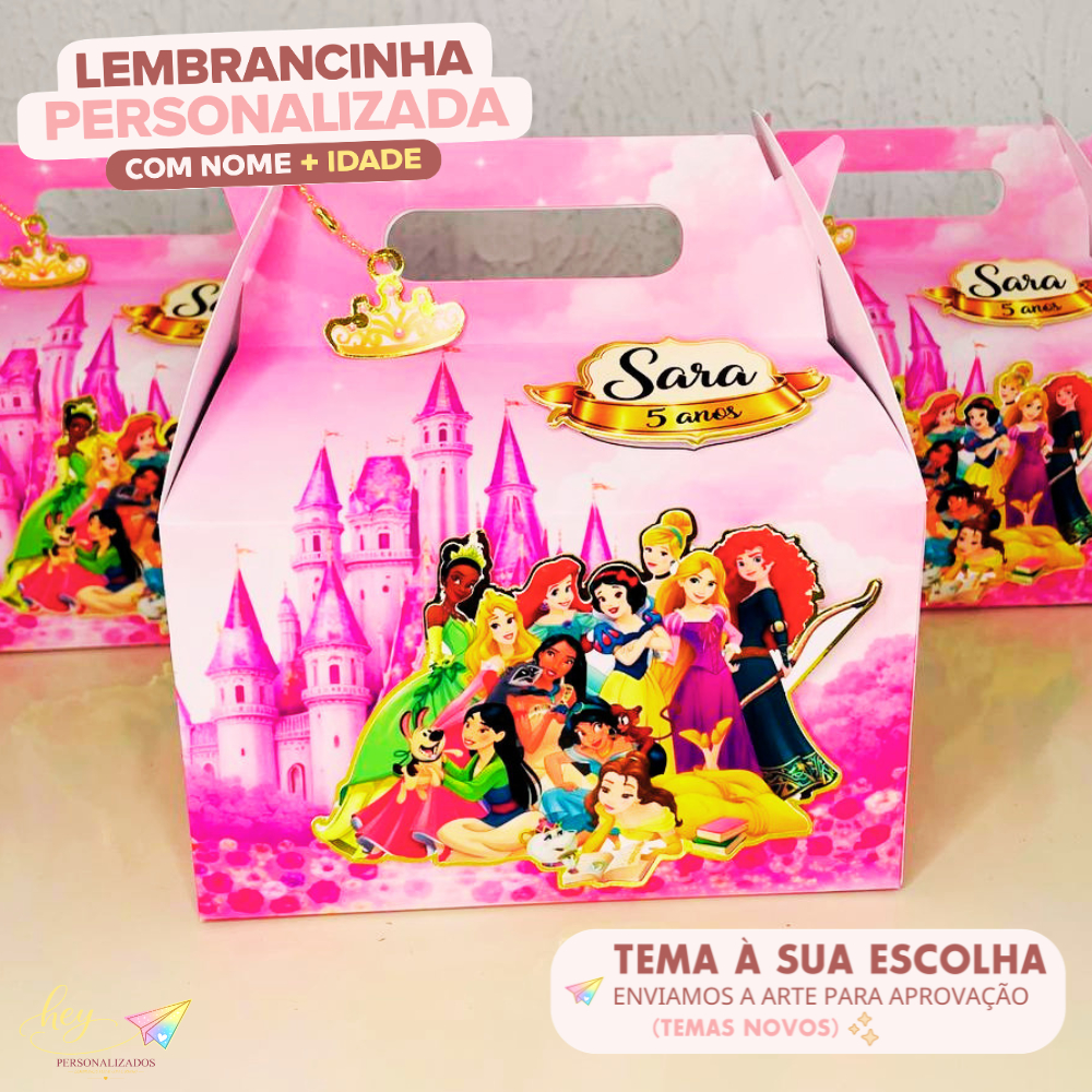 Lembrancinha Princesas Personalizada | Caixa Maleta | Nome e Idade | Festa Escolar | Aniversário Infantil
