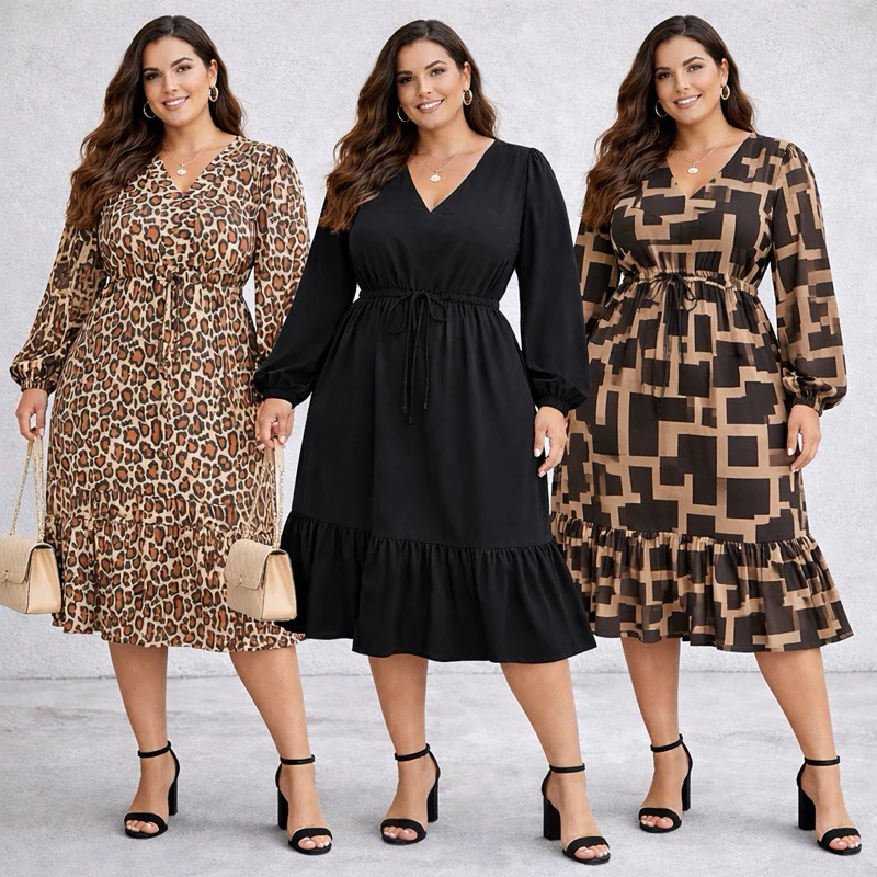 PLUS SIZE Vestido feminino midi inverno manga longa elegante preto confortável casamento igreja — imagem 1