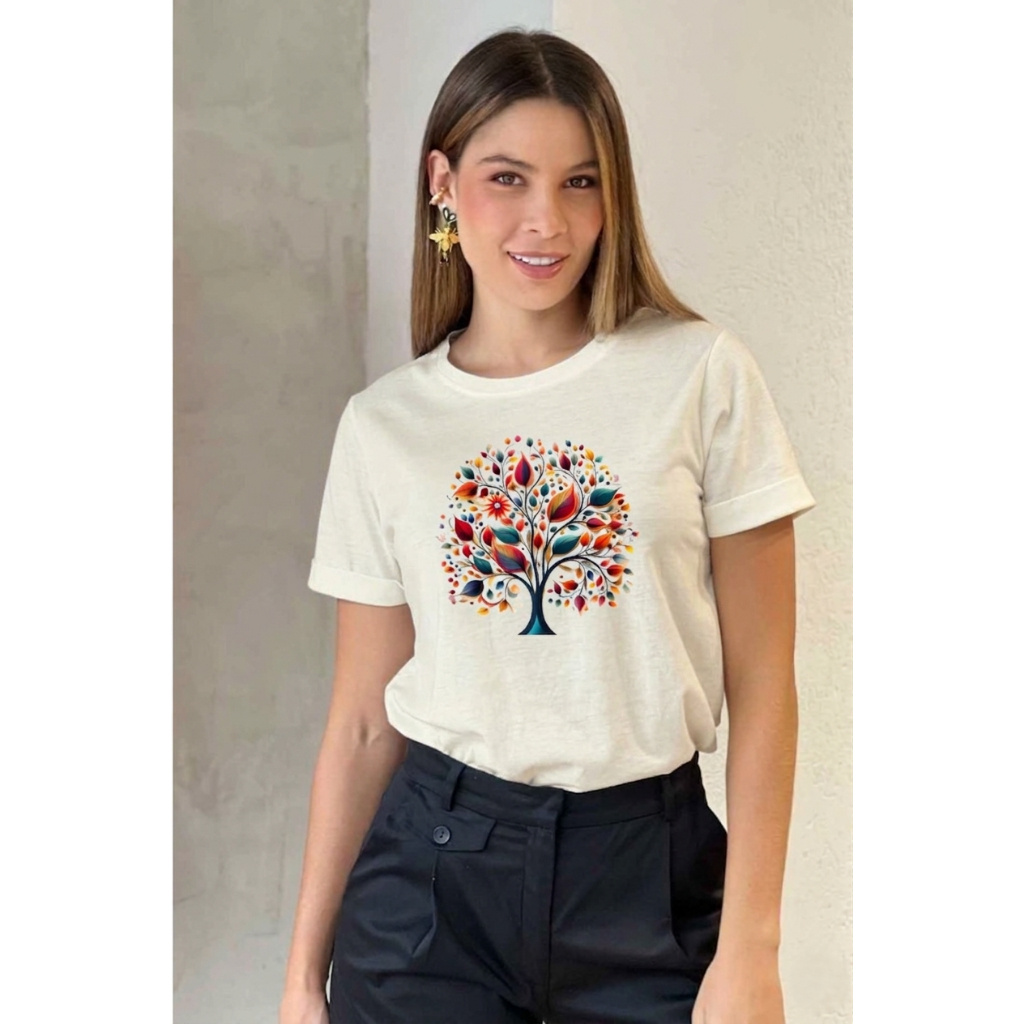 Camisa Feminina Blusinha Elegante Diversas Cores Camiseta Estampada Árvore da Vida T-Shirt Básica Algodão Estampa