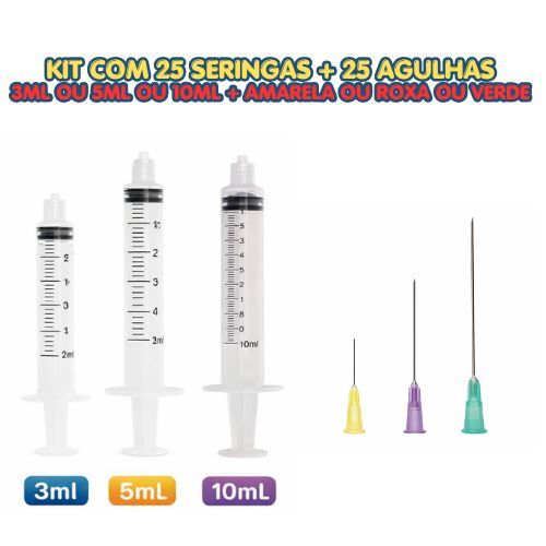 Kit 25 Seringas + 25 Agulhas Hipodérmicas - Escolha Modelo 3ml, 5ml ou 10ml / Agulhas verdes, roxas ou amarelas em Oferta na Shopee