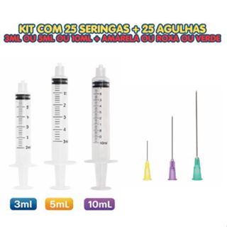 Kit 25 Seringas + 25 Agulhas Hipodérmicas - Escolha Modelo 3ml, 5ml ou 10ml / Agulhas verdes, roxas ou amarelas em Oferta na Shopee