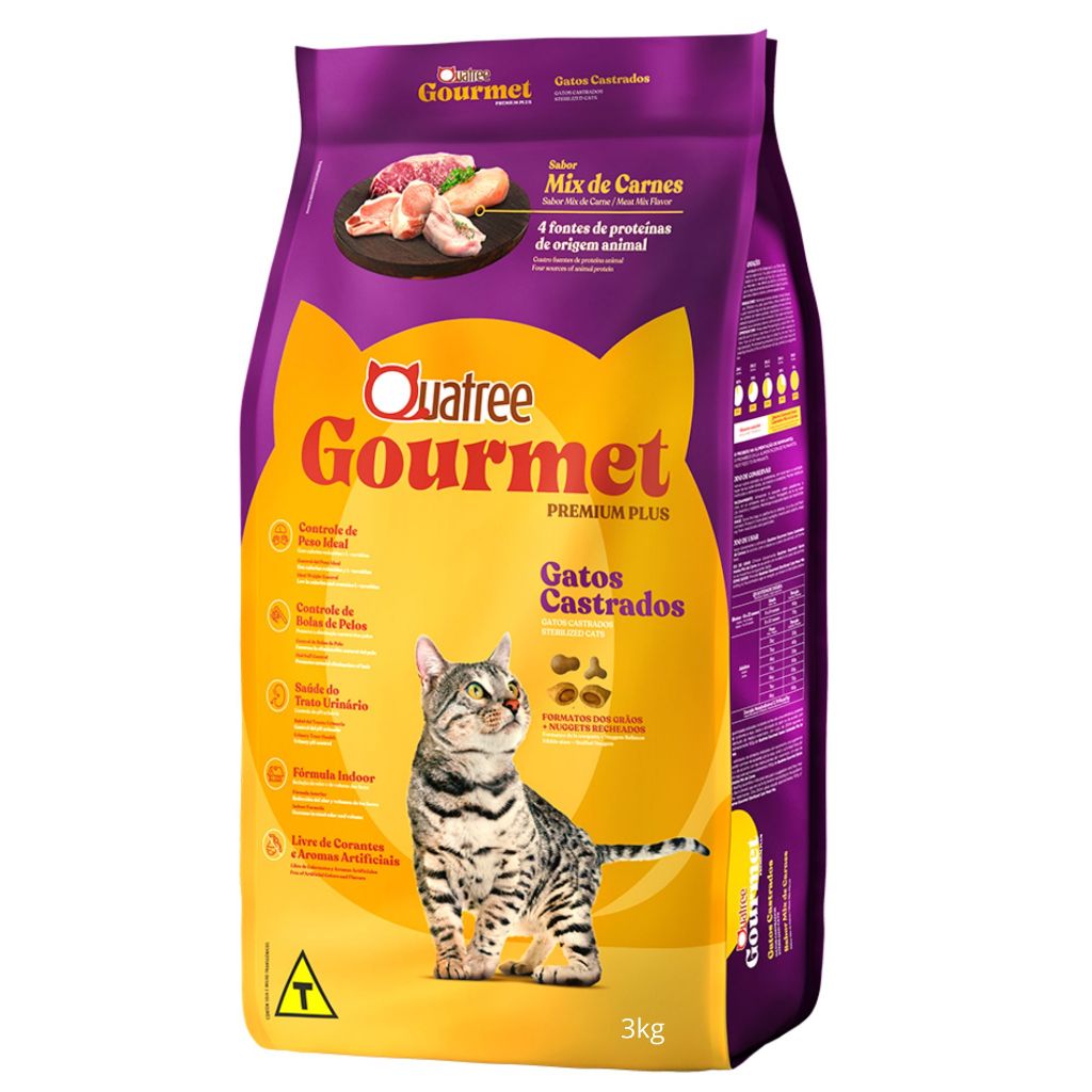 RAÇÃO QUATREE GOURMET GATOS CASTRADOS ADULTOS MIX DE CARNE 3KG