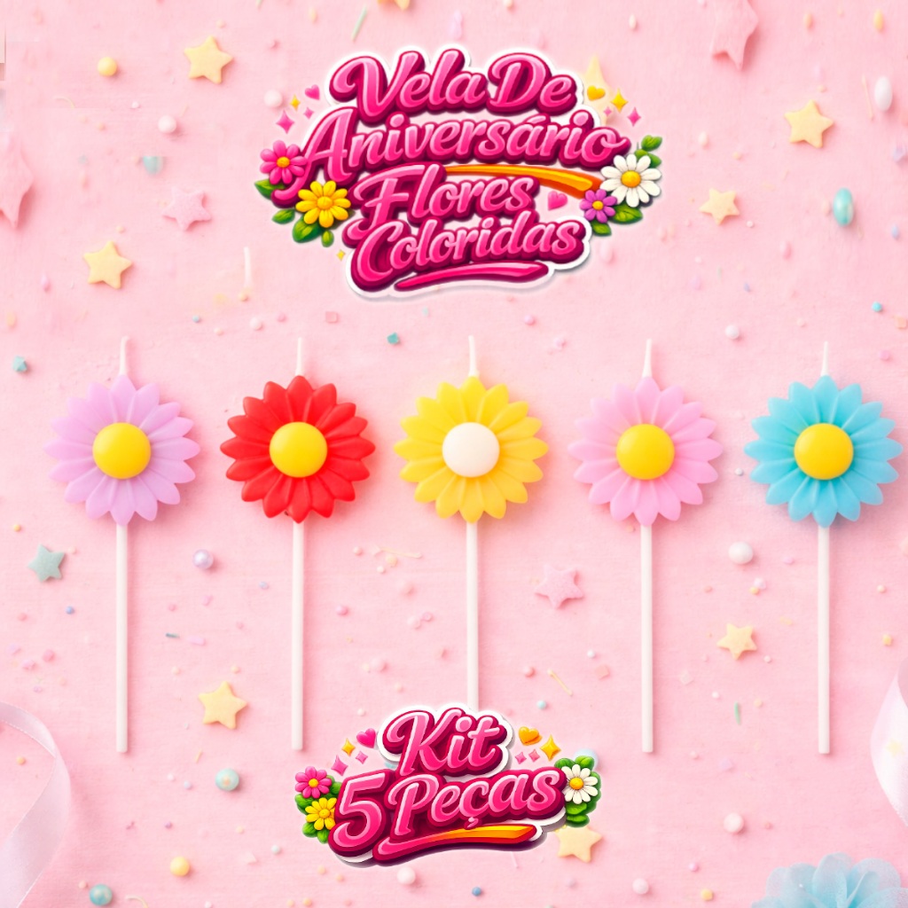 Vela De Aniversário Flores Coloridas Kit 5 Unidades Decorativas Para Bolo Silver Festas