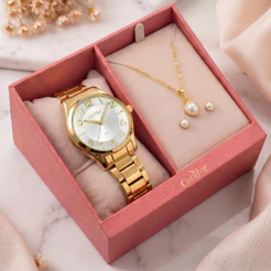 Kit Relógio Condor Feminino Com Par De brincos e Colar Analógico Quartz Dourado Com Pulseira em Aço Inoxidavel Original