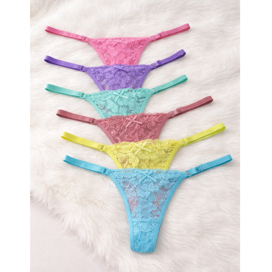 Kit 5 Calcinhas de Renda Fio Dental com Regulagem Super Sexy Tanga Sensual Lingerie