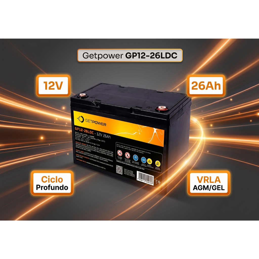 Bateria Estacionária 12V 26Ah GetPower GP12-26LDC Selada AGM Gel Nobreak Solar Deep Cycle