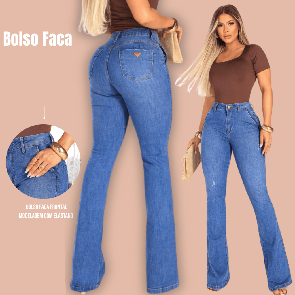 CALÇA FLARE JEANS FEMININA BOLSO FACA COM ELASTANO PREMIUM CINTURA ALTA