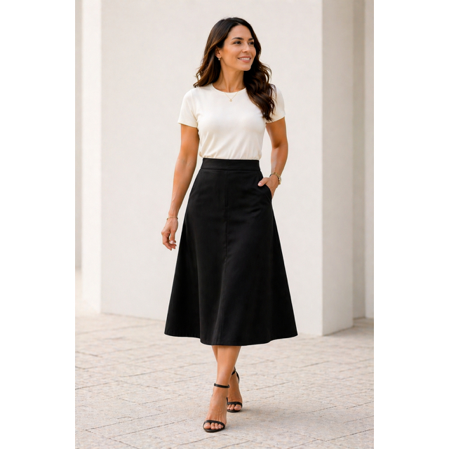 Saia Midi Alfaitaria  Feminina Elegante Casual e Social Cintura Alta Para Trabalho com Elástico Costas do M ao GG