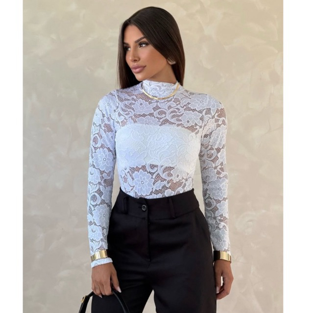 Body Gola Alta  Feminino Renda Estampa Floral Manga Loga Transparente Casul Bori Country Inverno 2026