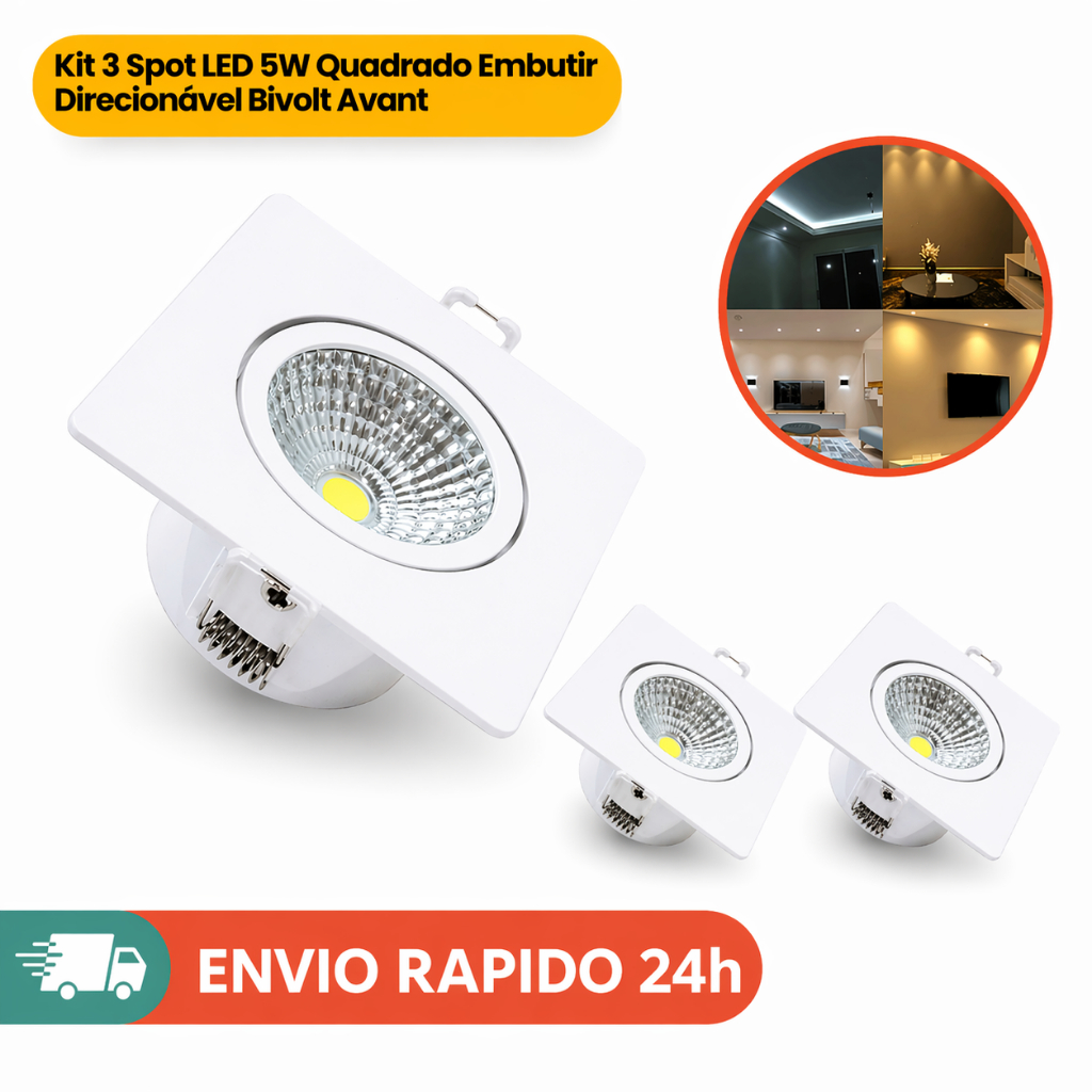 Kit 3 Spot Led 5w Embutir Quadrado Avant 3000k Authentic