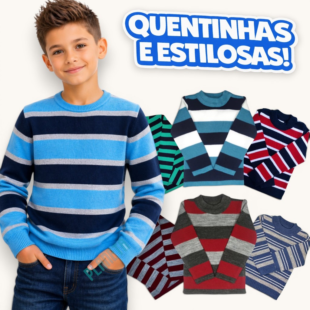 Kit 3 Blusas de Tricot Infantil Juvenil Menino em Lã Inverno