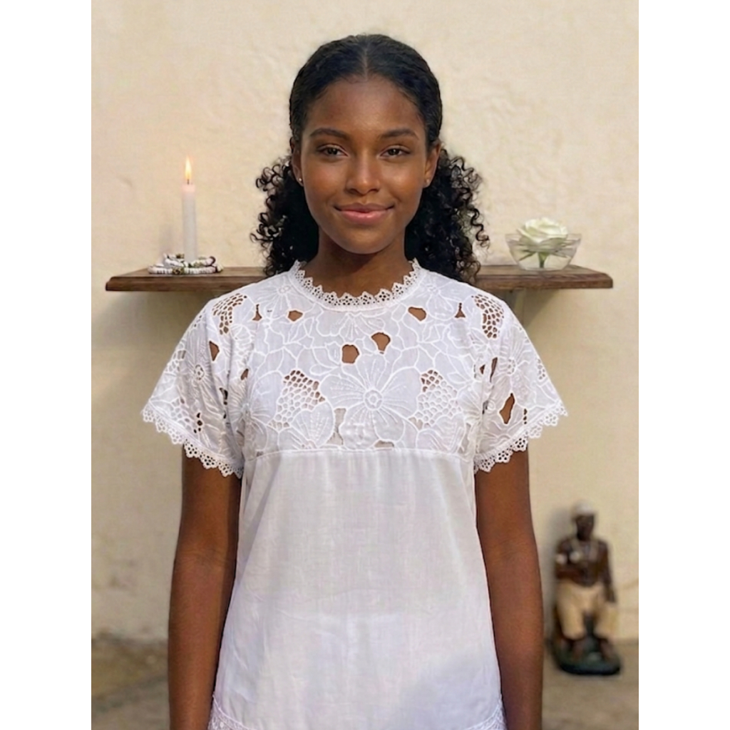 Camisu Branco Rechilieu Algodão Candomblé Umbanda Blusa Renda Roupa de ração Roupa de Santo