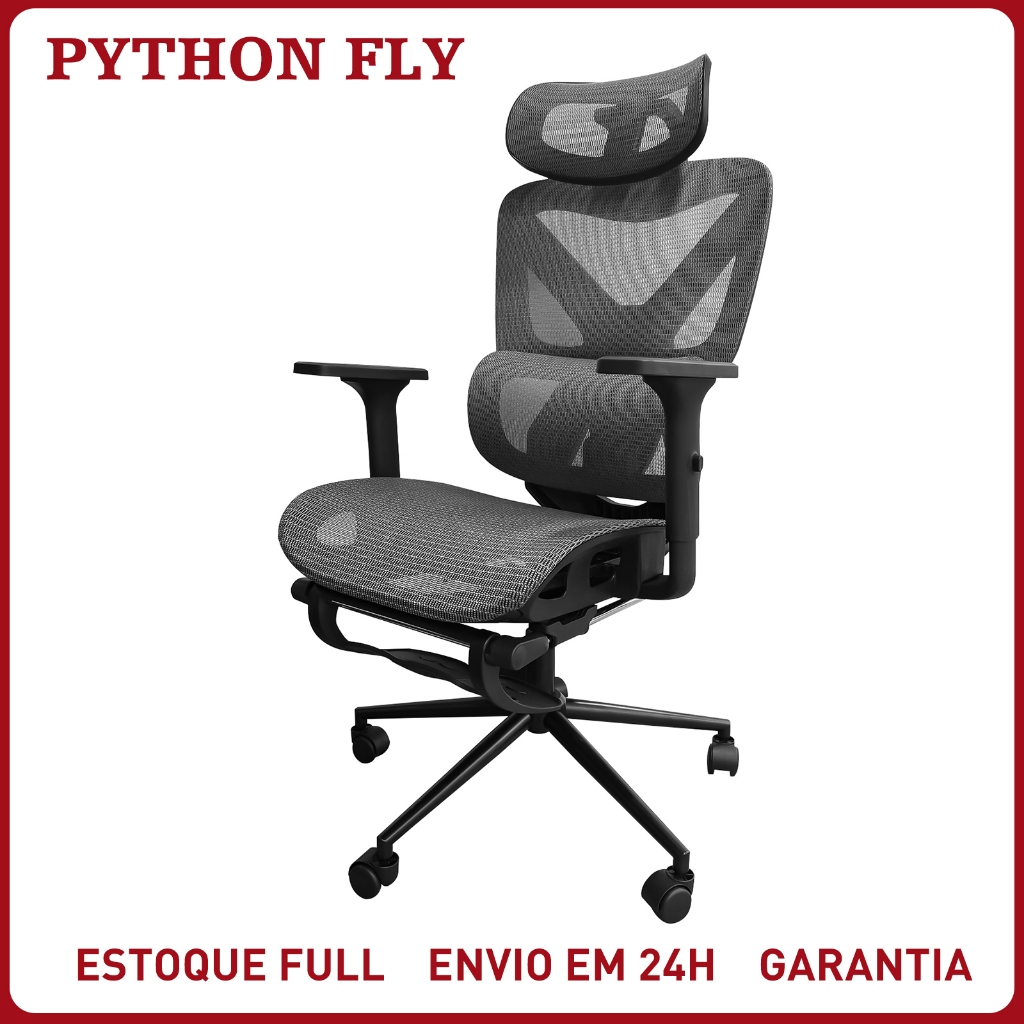 Cadeira de Escritório Ergonômica com Apoio para os Pés Braço 6D Ajustável Suporte Lombar Inclinação 135°Ajuste de Altura