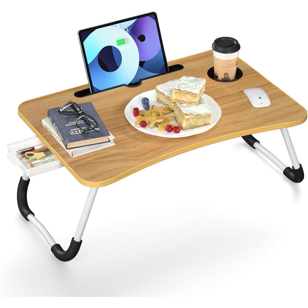 Mesa de Cama Dobrável com Suporte para Tablet e Copo - Mesa Portátil para Estudo e Trabalho