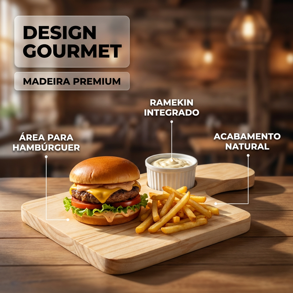 Kit Com 3, 6, 9 Ou 12 Unidades da Tábua de Madeira Para Hambúrguer Com Ramequim de Plástico de 40ml, Ideal Para Servir