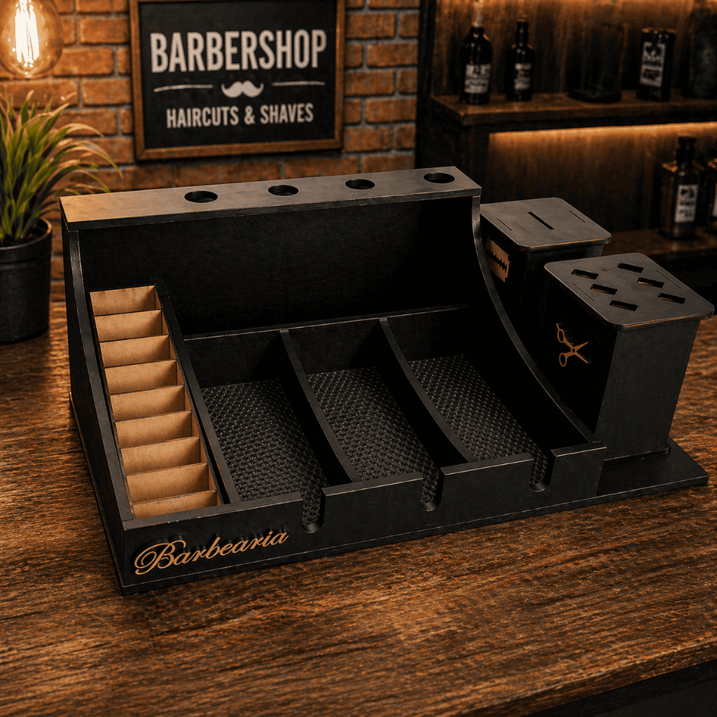 Kit Barbearia MDF Suporte 3 Máquinas Porta Pentes Tesoura Descarte