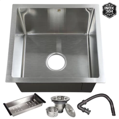 Cuba Aço Inoxidável 304 Pia Cozinha Gourmet Quadrada Escovada 44x44cm Com Acessórios Completa Luxo