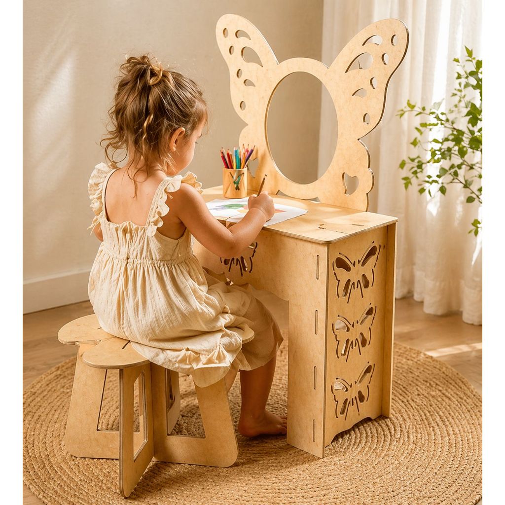 Penteadeira Borboleta Com Banquinho Em MDF Cru Resistente Decoração Infantil Quarto Menina